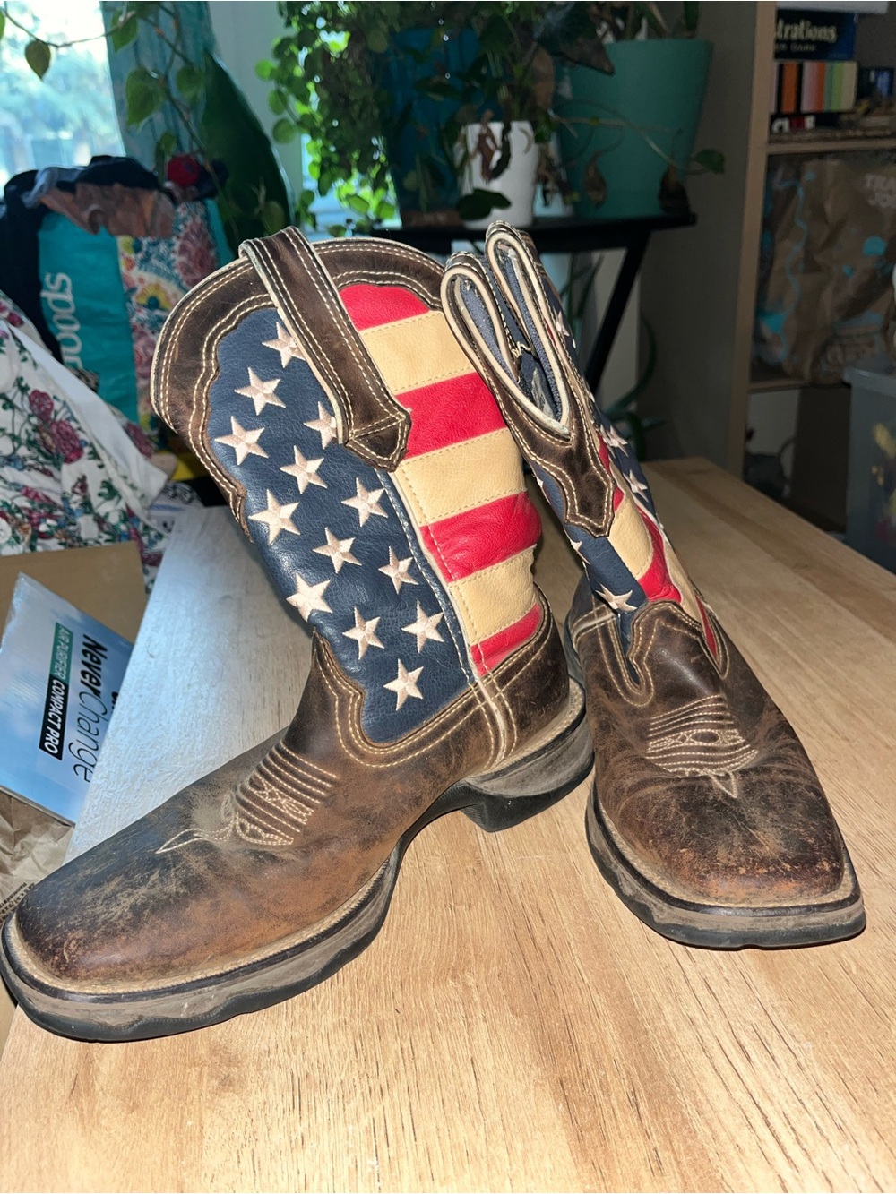 Durango Kids Western Boots in Brown with Red, White & Blue Flag Shaft